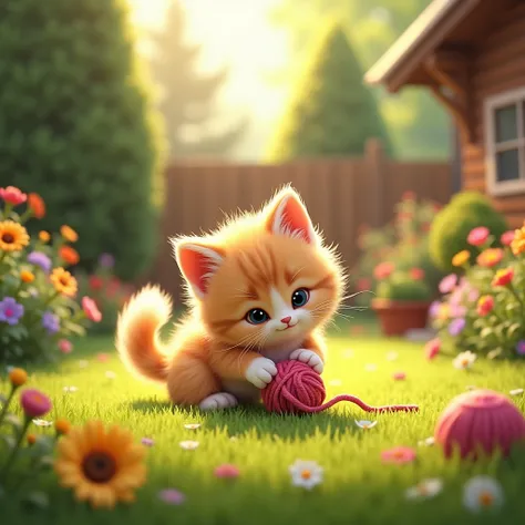 A small fluffy kitten、Outdoor yard play scene with colorful toys。The kitten pecks at the ball of yarn with its front paws.、Have a curious look。The garden is lush and green、Colorful flowers々and surrounded by soft grass。The sun shines、A warm light shines thr...