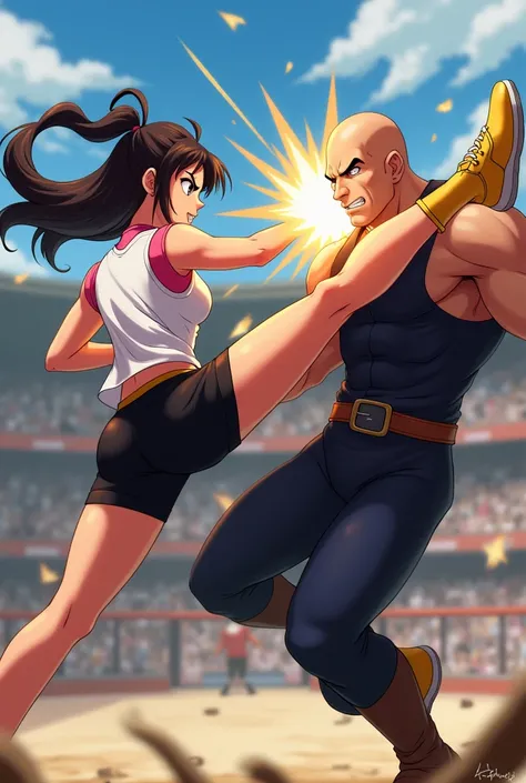 (Anime style photo) Videl flying with white vest, pink t-shirt, black lycra shorts and yellow sneakers kicking the face of giant Spopovich, Muscular and bald with a black wrestling vest in a tournament.