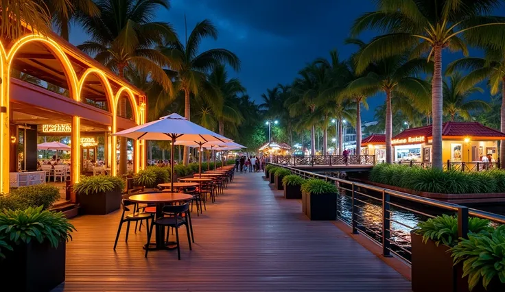 A night architectural photo from the Saigon River to Street Food Sai Gon a park area next to the Saigon River, a pedestrian bridge across the river and floating on the water, behind are 1-storey kiosks with tropical structures combined with tropical greene...