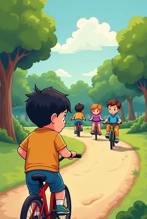 A sad chubby boy in the park watching his friends on bikes for cartoon 