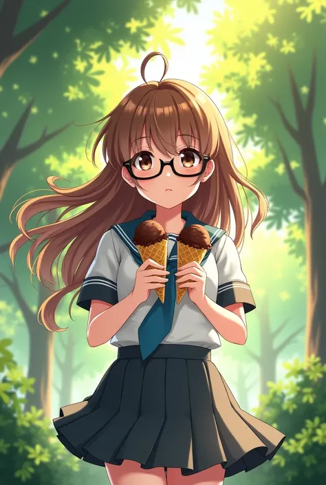 Create an image of an anime character with brown hair against a background of trees and with chocolate ice cream in her hands and with black glasses and a school uniform and long hair