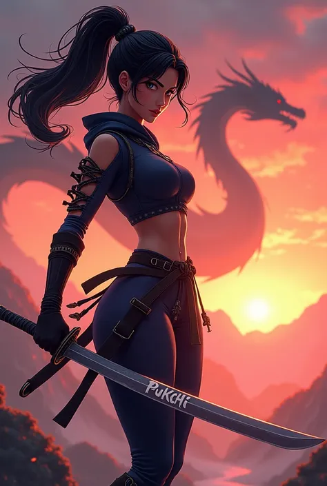 animated female ninja under the dawn with the dragon background, and with the name PUKCHI in bold and capital on her sword
