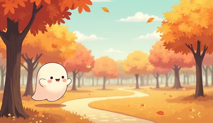 Draw a ghost in the style of Sumikkogurashi ,lofi cozy autumn, fall season, ultrawide , landscape, park ,bobo