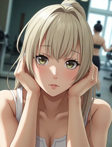 High resolution, Japanese woman doing training、Squat、Place your hands behind your head.、Training wear、Gym、Surrounded by dumbbells、A mirror with my own image in front of me、Slightly sweaty、Long hair tied up in a ponytail、Serious expression、Model-like style、...