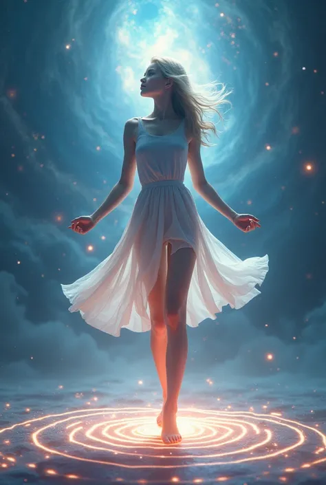 photo realistic image of porcelain shining skin girl standing on chakra with astral color background,  low angle shot,below view, intricate detailed, 8k