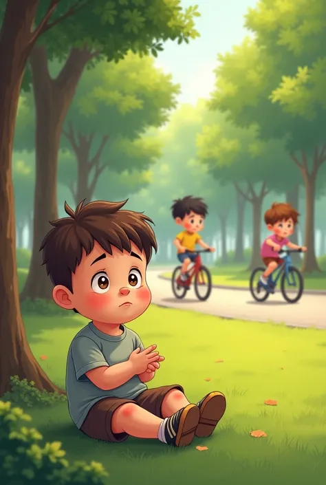 A chubby boy sitting sad in the park watching his friends on bikes for cartoon 