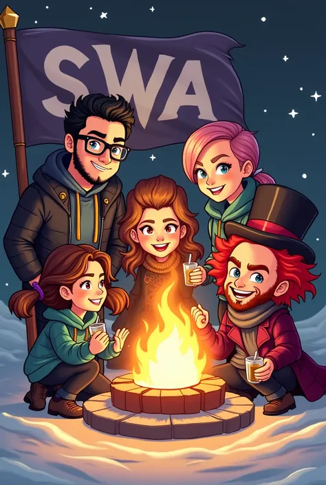 A cartoon style art featuring the 5 members of the SnowArmy alliance, with an alliance flag in the background, Written "swa".
members:
- Lord Snow, black hair, sem beard, 30years, glasses.
- Lady Snow, brunette skin, 30years, glasses.
- Lara,  one year old...