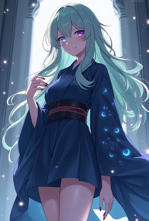  Yuki Harukaze is approximately 90 m tall. She has long, wavy hair., with a mix of soft green and light pink. His eyes are blue and purple with sharp pupils. She has medium sharp nails with red tips.. She wears a dark blue kimono that goes halfway down her...