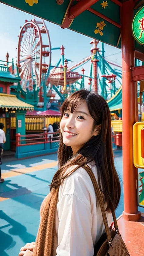 woman,Japanese,amusement park,turn around