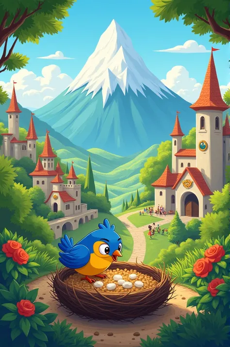 A cartoon of a bird on its nest in a prosperous kingdom next to a mountain