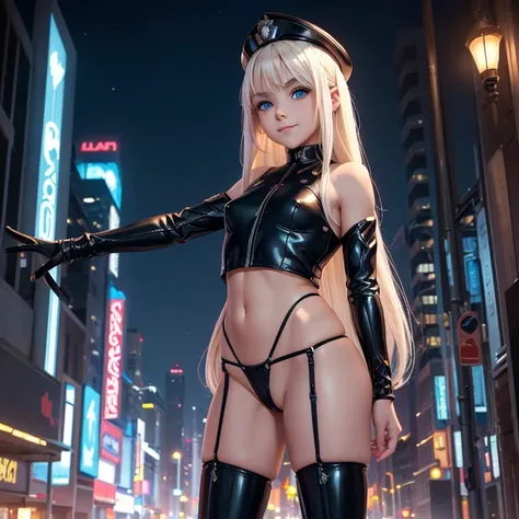 (Little Girl.Cosplay.he is short.Beautiful white skin.Big eyes.Lean, muscular body.Platinum blonde hair color.Long Straight Hair.Beautiful blue eyes.Thin eyebrows.Dark eyeshadow.Very small breasts.Very thin chest.Narrow waist.Skin is radiant).(Sexy see-thr...