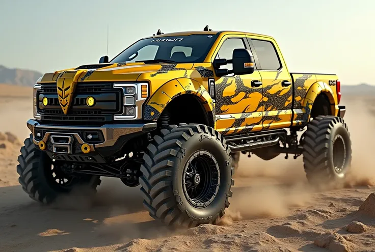 Monster off-road big wheel pickup truck，Monster off-road big wheel pickup truck身上装饰有的变形金刚大黄蜂的机械装甲,Scattered mechanical armor，The front of the car has Transformers arm armor，Transformers Bumblebee Style，Huge off-road wheels，Fierce mechanical eyes and nose c...