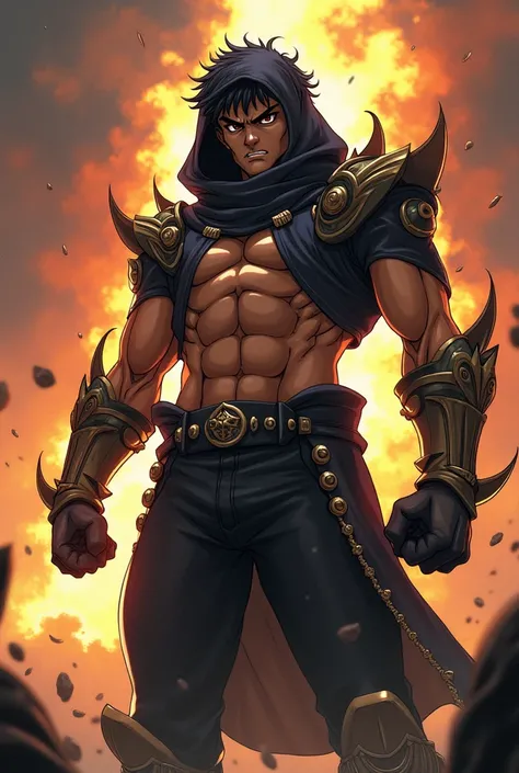 A young man of 1 1.97 cm tall and 127 kg in weight with a very busty and buffed body, short, unruly dark black hair,hairstyle like Joseph Joestar, Brown eyes, somewhat sharp features and an expression full of anger, similar to Joseph Joestar, with armor ma...