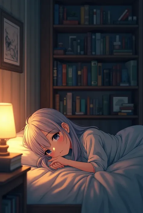 The a anime  girl laying on the bed and thinking about something and there is books available in her home with dark light