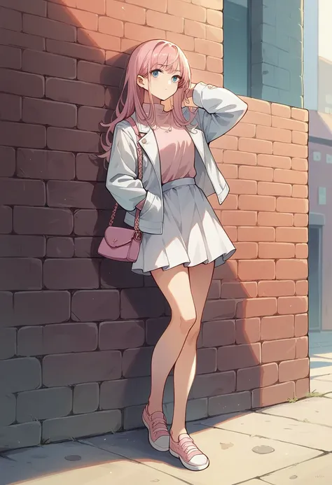 long straight hair, white jacket, white skirt, pink handbag, standing pose, looking over shoulder, partially indoor and partially outdoor background, brick wall and blue walls, casual atmosphere, light from the front, moderate shadows.

