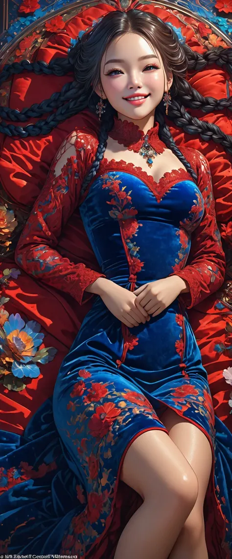 A beautiful racially ambigious woman laying on her back. pretty, hyper detailed face. Intoxicating smile. Plush lips. Cute blue velvet dress with red filigree and trim. Long braids. Sexy pose. Official Art – An Award-Winning Digital Masterpiece In 4K Ultra...