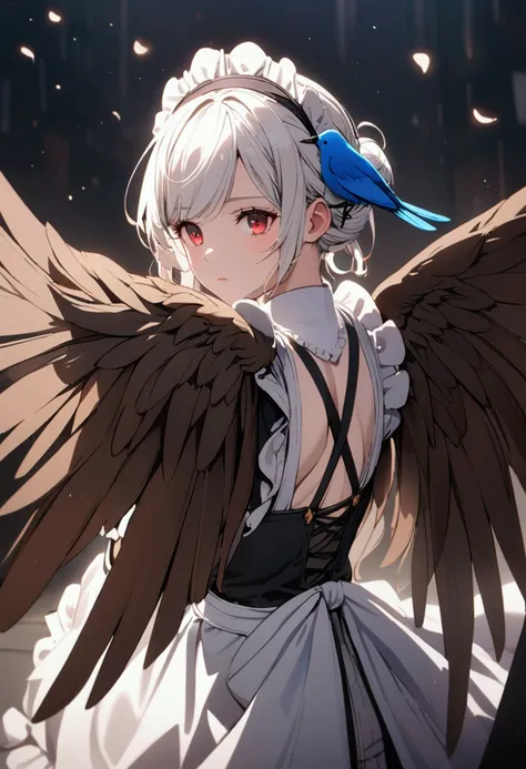  girl, white hair, red eyes, maid dress, blue bird wings on her arms, brown wings on her back