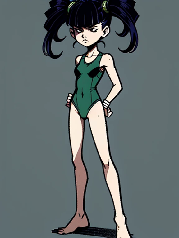 (masterpiece), (High resolution), (Full body portrait), Blue punk rock hair、Green swimsuit、 Dark atmosphere, Flat Illustration, Creepy Appearance, Characteristic hairstyle, creative accessories, Unique atmosphere、 Hell Girl、god々New Background,A Little Nigh...