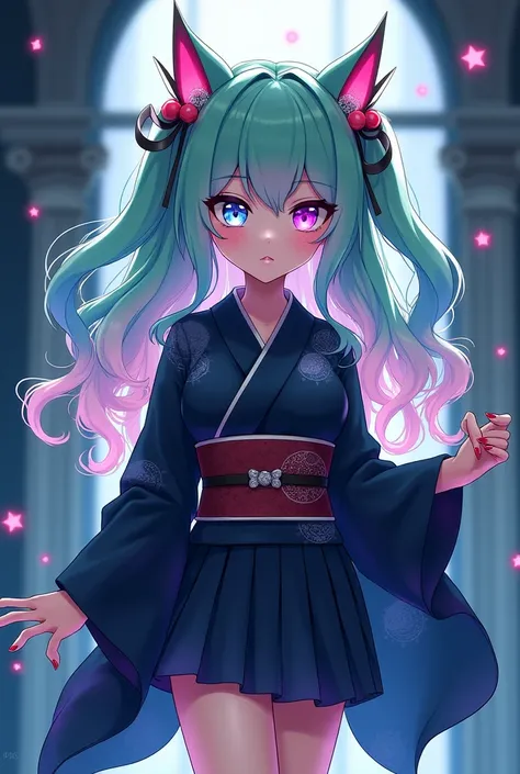  Yuki Harukaze is a demon, has approximately 1,58 tall. She has long, wavy hair., with a mix of soft green and light pink. His eyes are blue and purple with sharp pupils. She has medium sharp nails with red tips.. She wears a dark blue kimono that goes hal...