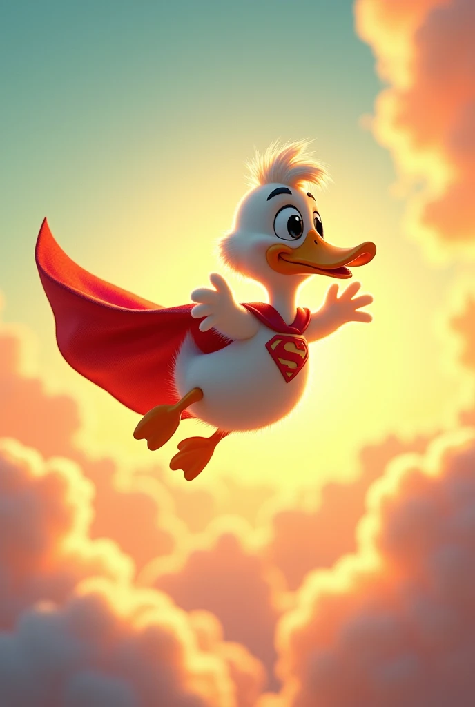 An animated duck with a superhero cape but flying 
