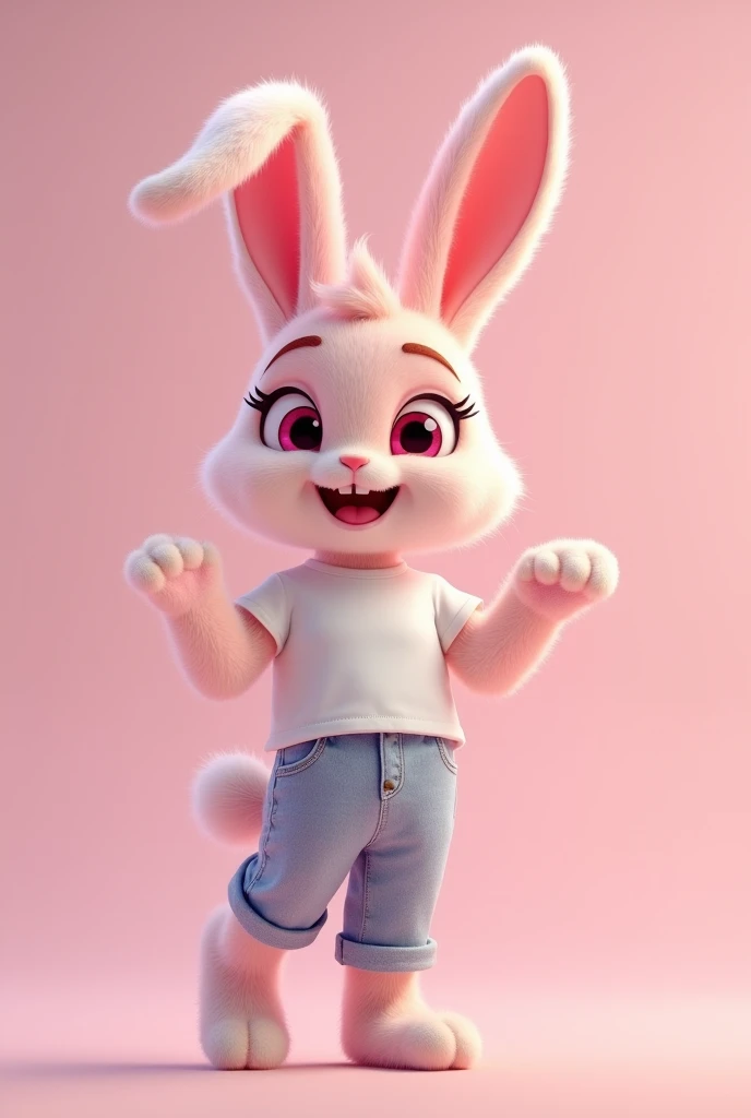 A small pink female anthropomorphic bunny with pink eyes, white t-shirt and jeans. She has about 18 years