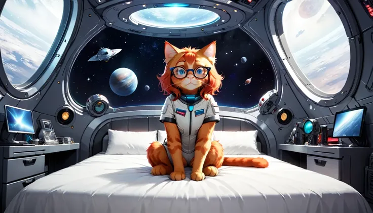 a red cat, with glasses on, sitting on a bed in a spaceship bedroom, frontal shot spaceship interior, in space, big window in th...