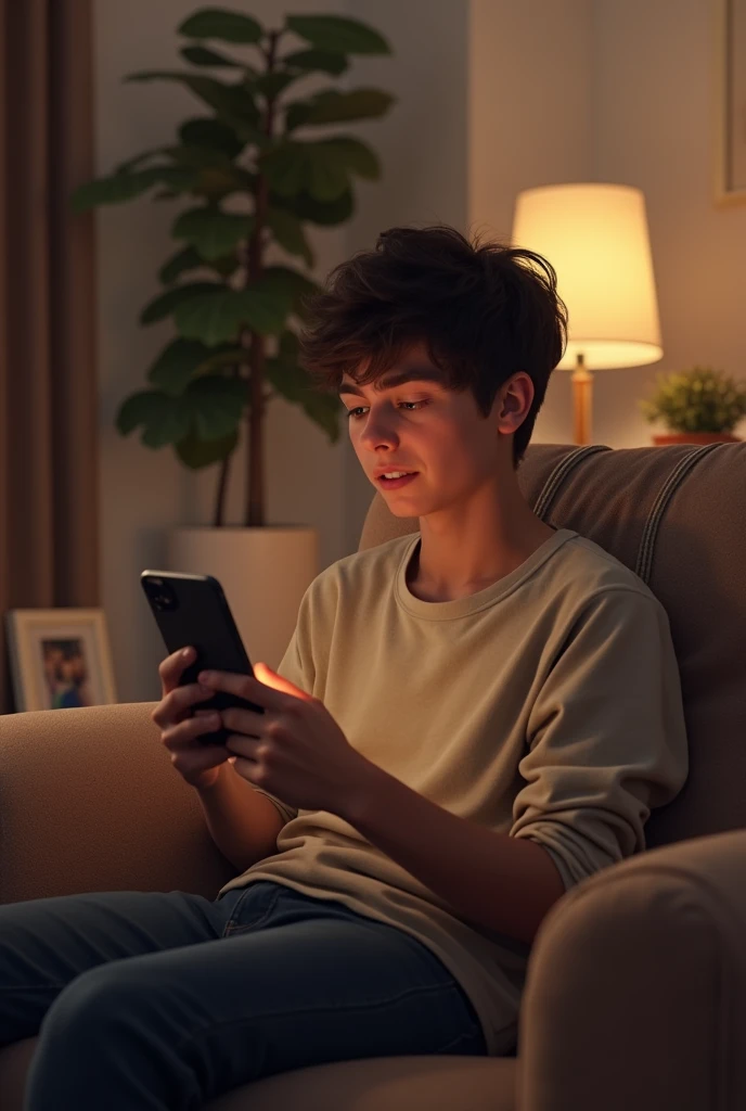 boy sitting in his living room, Texting his girlfriend asking when she&#39;s coming back from her trip 