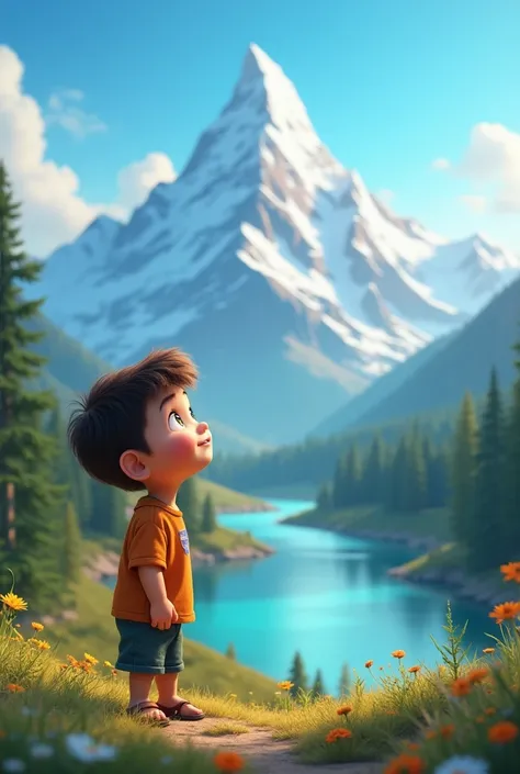 ANIMATED IMAGE IN WHICH A CUTE BOY SEEING MOUNTAIN 