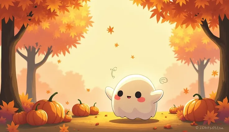 Draw a ghost in the style of Sumikkogurashi ,lofi cozy autumn, fall season, ultrawide , bobo