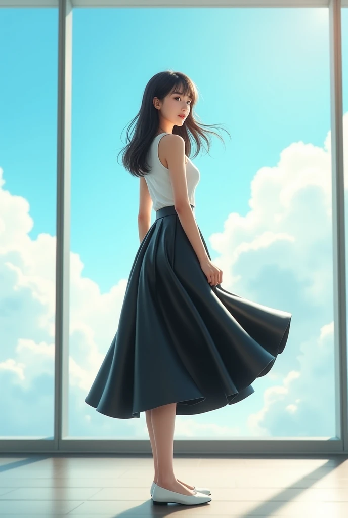 A beautiful lady, asian, Japanese,
Long hair, 
Medium height,
Straight standing in front of a window wall in an office,
Wearing a white tank top,
Wearing a shiny black leather big a-line circle long full skirt ankle length covered the legs,
Wearing white f...