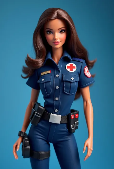 90&#39;s brunette paramedic barbie background in 2d, navy blue uniform 