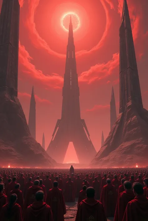 Thousands of Time Lords in front of a city in Gallifrey with giant triangle-shaped spaceships in space