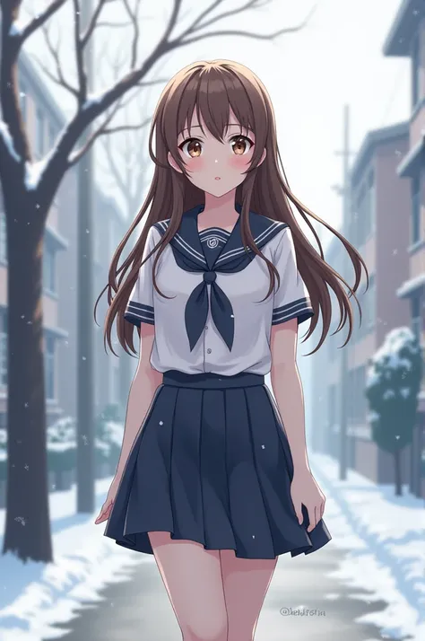 anime female, long straight brown hair with big brown eyes, schoolgirl uniform with puffy shy face, walking on sidewalk in a winter day, big lips gloss