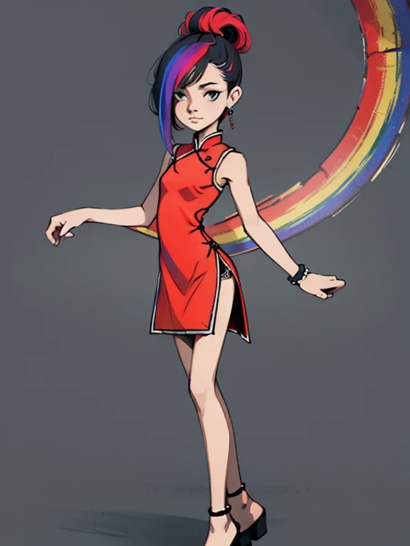 (masterpiece), (high resolution), (full body portrait), （punk rock）、rainbow hair、china dress、 dark atmosphere, flat illustration...