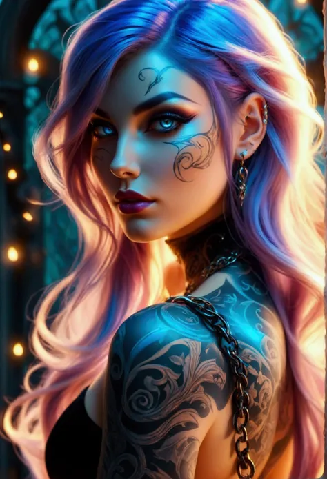 create a hyper detailed photograph of a perfectly simetrical tattooed curved young sexy female deathknight, stunningly perfect g...