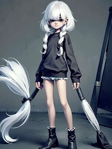 (masterpiece), (high resolution), (full body portrait), （punk rock）、white hair、long sleeve sweater、 dark atmosphere, flat illust...