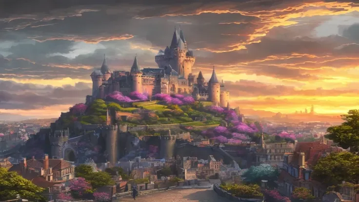 a medieval castle in the background of a city, illustration, 8k, ultra detailed, hyperrealistic, dramatic lighting, fantasy land...