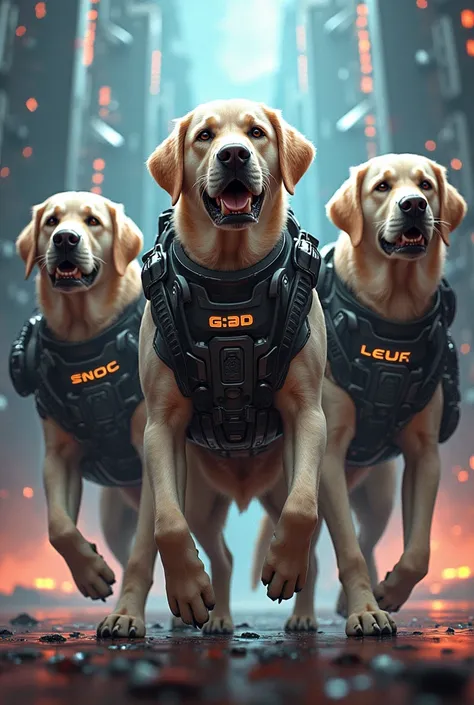 Group 4 dog labrador with fight attitude gaming mode in technology representation like weapons suit build a  poster  with different styles all in one 