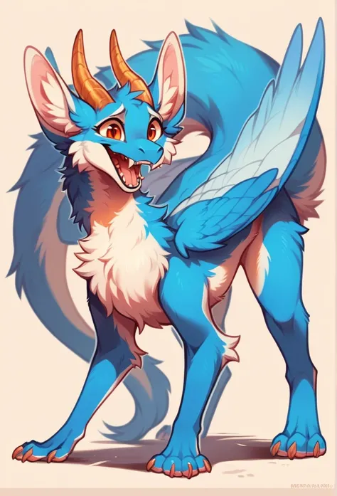 furry art, solo feral, furred dragon, female, full body, white and blue fur, thicc, big ears, wings, horns, tail, chest fluff, p...