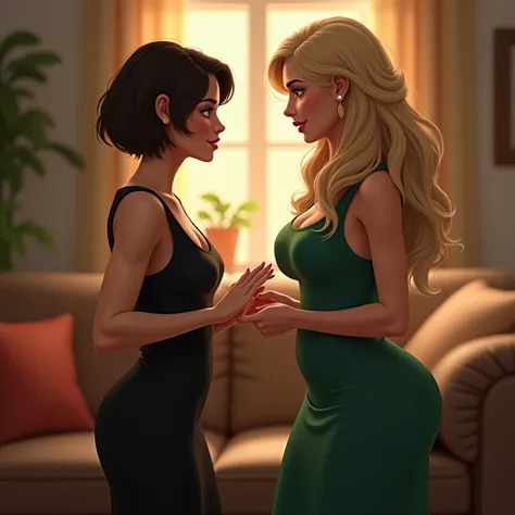 Short hair woman with black dress, comfort a long blonde hair girl with large breasts and athletic build, wearing green dress, both sitting in the living room