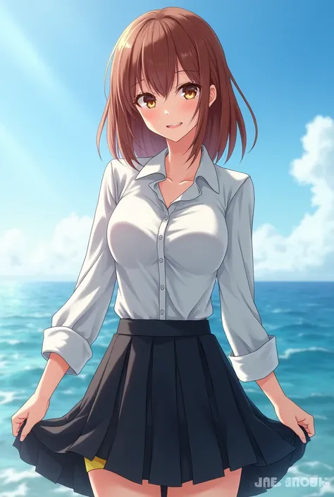 1、uniform、student、 White blouse、Black Skirt、Beauty、Realistic、Small face、Narrow waist、Chestnut Hair、Large Breasts、Ocean、skirt lift、Yellow underwear