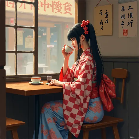 oil painting, アニメ, Taisho period, Taisho Romance, A girl drinking tea. Stylish clothes, Blue Hakama, A red and white checkered kimono. She has a very long low twintails with red ribbons. very long low pigtails, black hair. Wooden table, Wooden chair, windo...