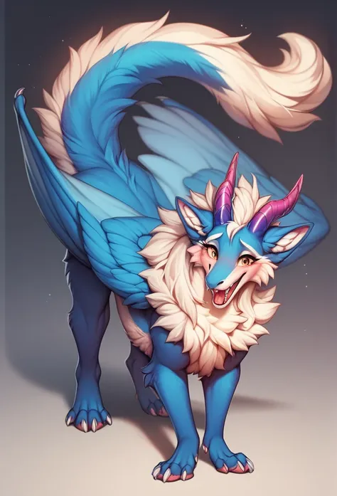 furry art, feral, furred dragon, female, full body, white and blue fur, thicc, wings, horns, tail, chest fluff, paws, fangs,  to...