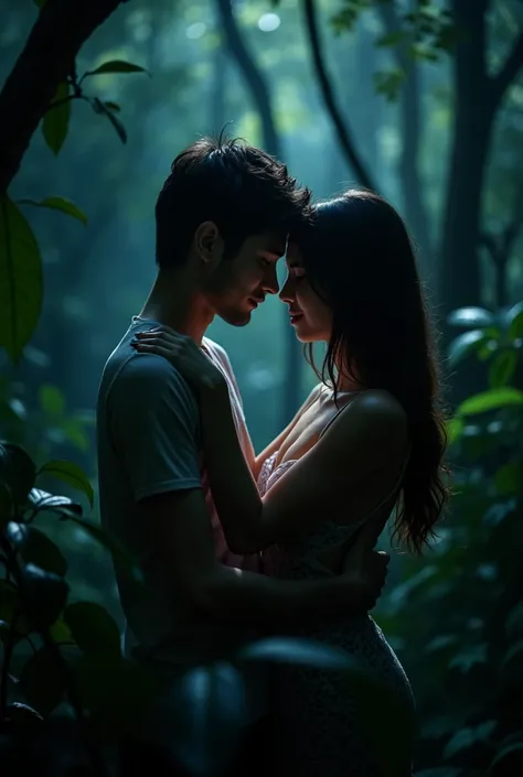 A boy sex with girlfriend in jungle with night light beautiful girl with white face guy