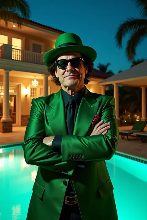 Jim Carrey wearing a green and black suit and green sunglasses and a green hat at a florida pool mansion background night time