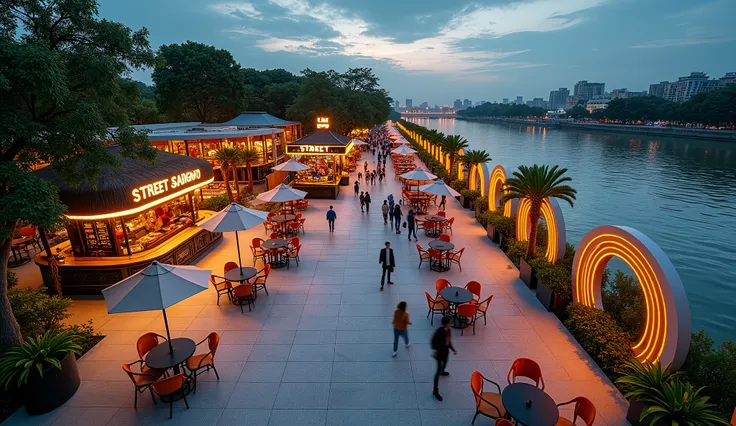 A panoramic long shot top view photo from above looking from the Saigon River to "Street Food Sai Gon" a park area next to the Saigon River, behind are modern 1-storey kiosks with tropical structures combined with tropical greenery such as the facade of th...