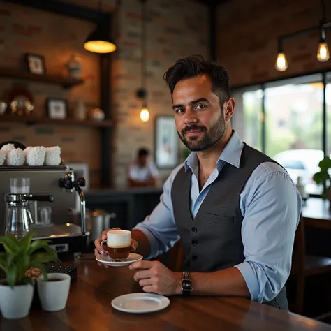 Brazilian businessman ordering an espresso and ponde cajo at a coffee stand.