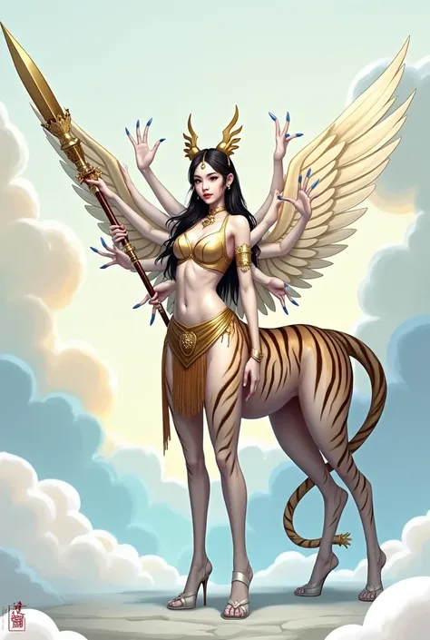 masterpiece,(Best quality:1.3),Centaur girl,lora:Centaur girlV1.0:0.6,(Icefield:1.3),(Head and body 1：9：1.3)Nine-head body，Thousand Hands Kannon，Holding a long weapon，Ancient mythology character Erlang Shen costume，Tiger stripes all over the body，Tiger pat...