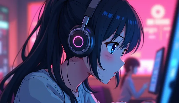 Perfect image、8k、high school girl、Mature、Using headphones、During club activities、focusing、 2D-style animation, Lo-Fi、Retro、Anime style illustrations