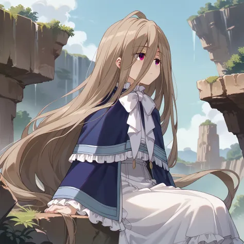 masterpiece,best quality,cowboy shot,from side,sitting down on the rock cliff edge,cowboy shot,front shot,solo,1girl,youg girl,sense (sousou no frieren),brown eyes,very long hair,absurdly long hair,hair between eyes,eyes visible through hair, blue capelet,...